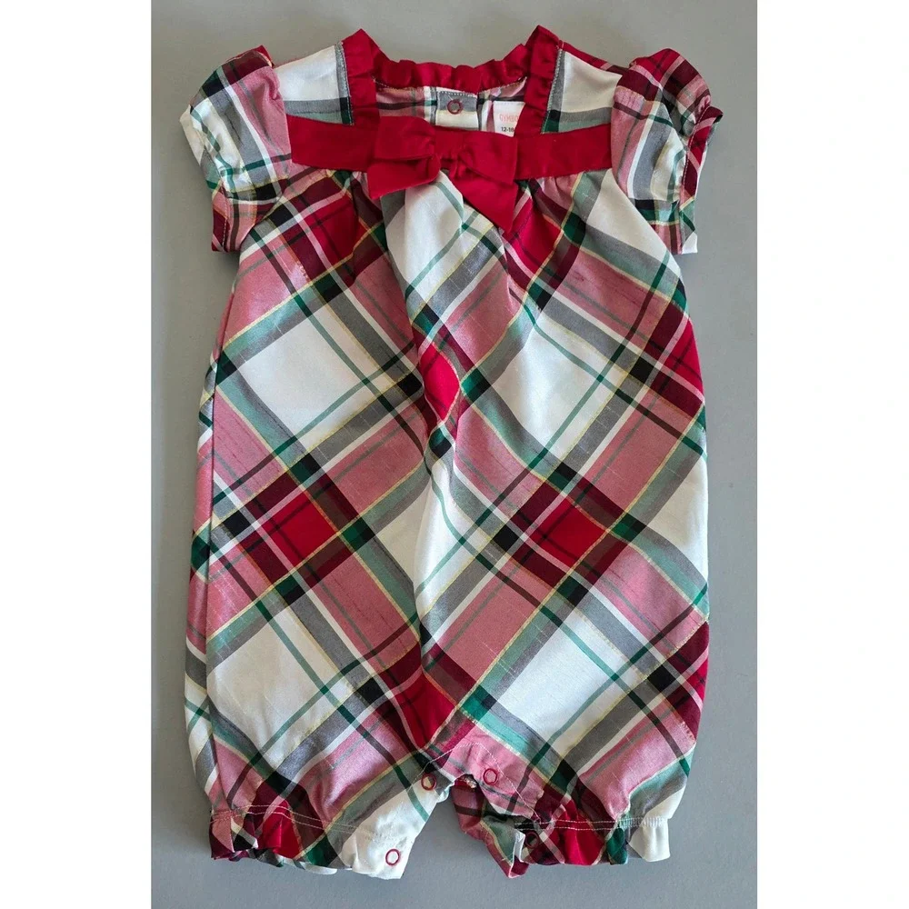 Vintage Gymboree Baby Girls 12-18 mos Red Plaid Holiday Romper Bow Metallic